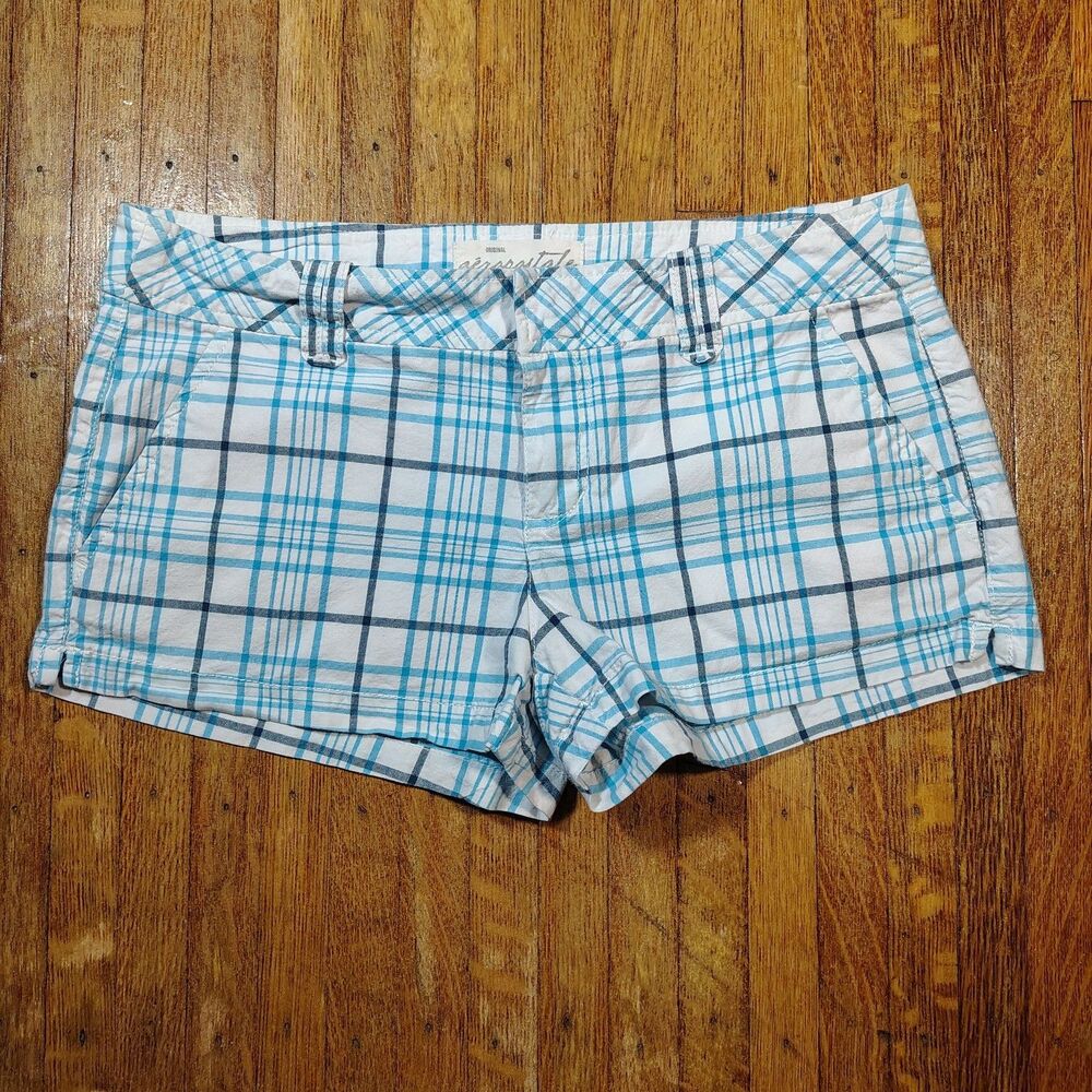 VTG Y2K Indie Sleaze Aeropostale Blue White Plaid Shortie Shorts Size 7/8-T429